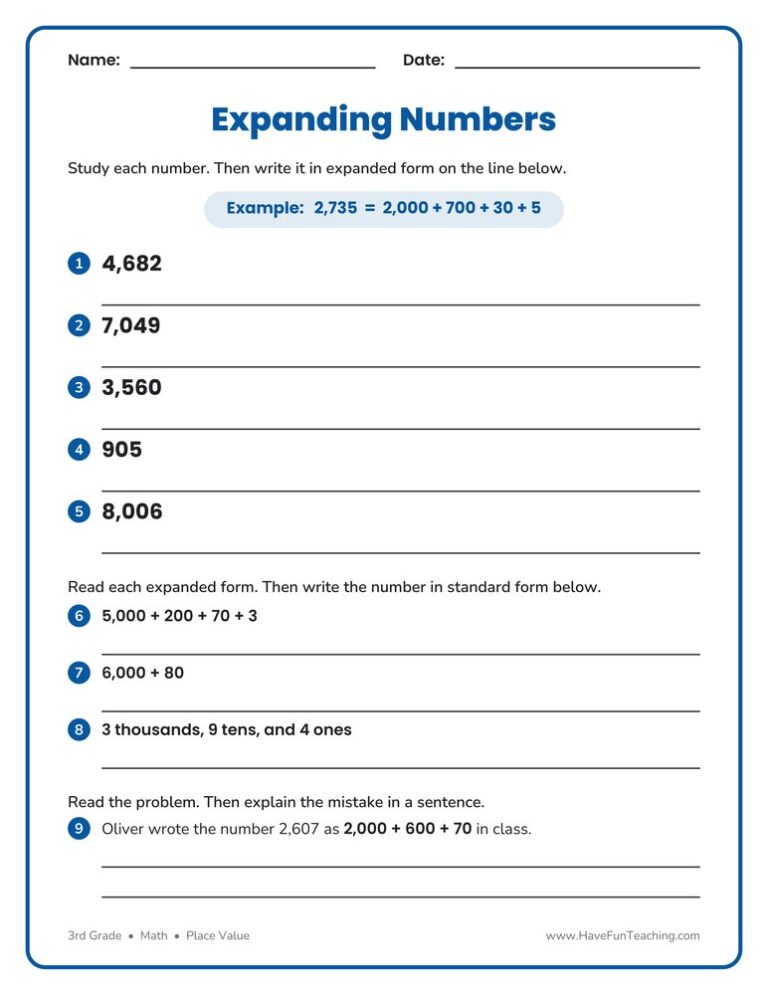 Expanding Numbers Worksheet