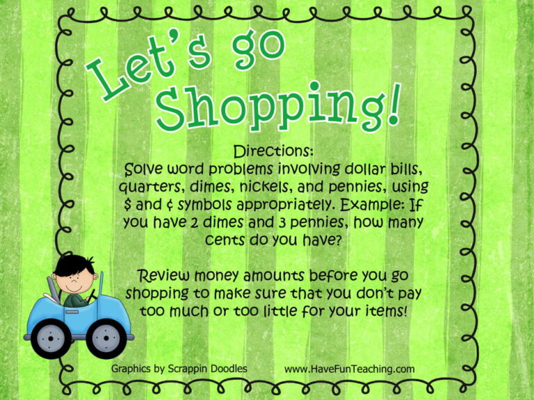 Let's Go Shopping Money Word Problems Activity