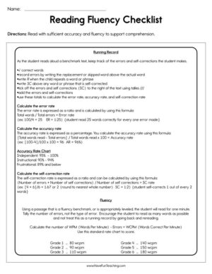 Reading Fluency Checklist Worksheet