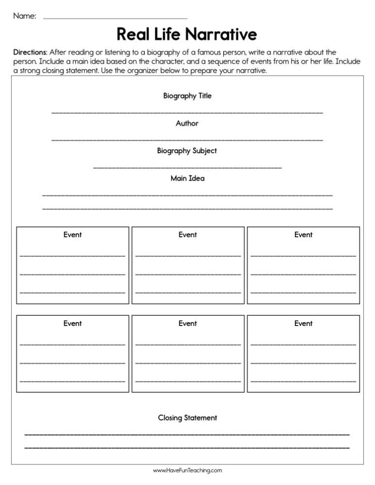 Real Life Narratives Worksheet