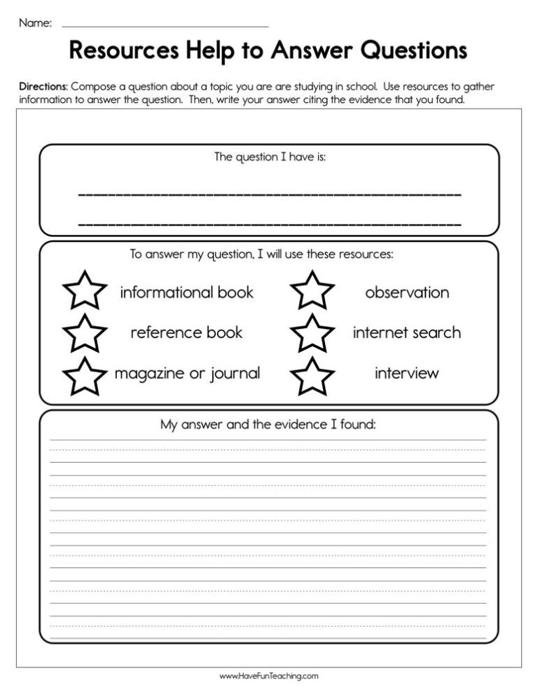 Resources Help to Answer Questions Worksheet