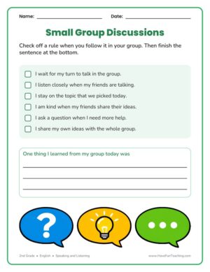 2nd grade small group discussion checklist worksheet with six rules