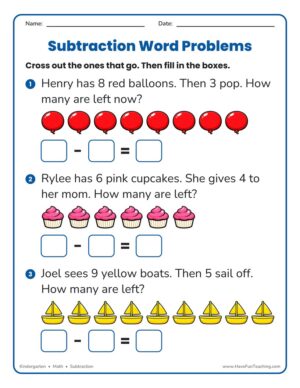 Kindergarten subtraction word problems worksheet