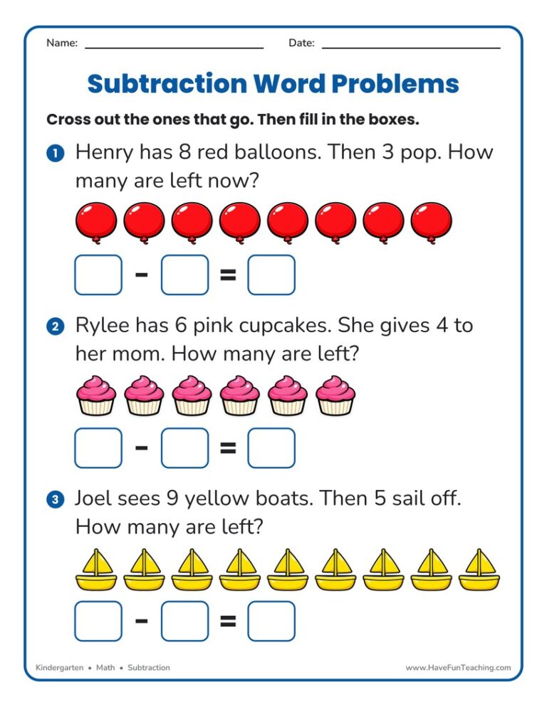 Subtraction Equations Word Problems Worksheet