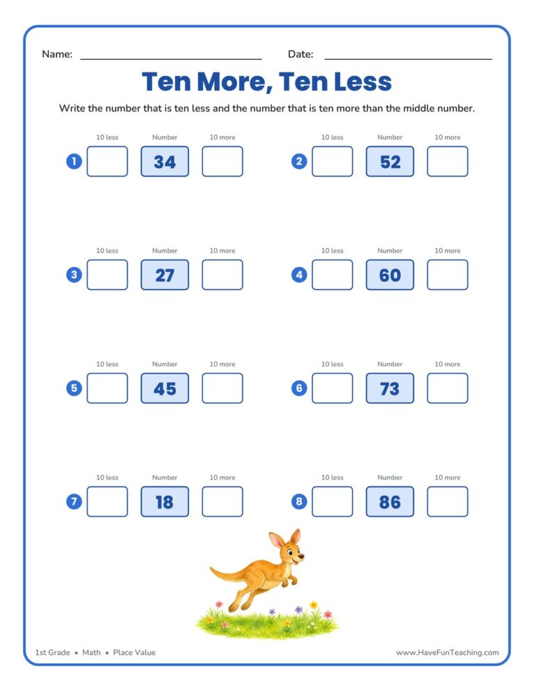 Ten More Ten Less Worksheet