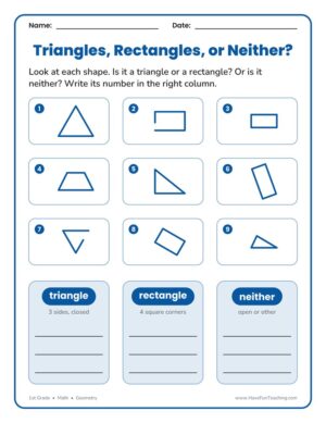 1st Grade triangles, rectangles, or neither geometry worksheet with nine numbered shapes and a sorting chart