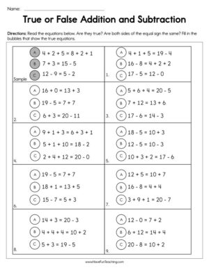 True or False Addition and Subtraction Worksheet