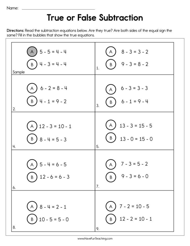 True or False Subtraction Worksheet