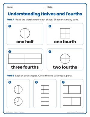1st grade halves and fourths fractions worksheet