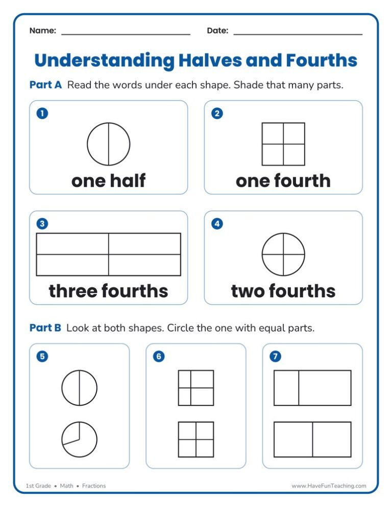 Understanding Halves and Fourths Worksheet