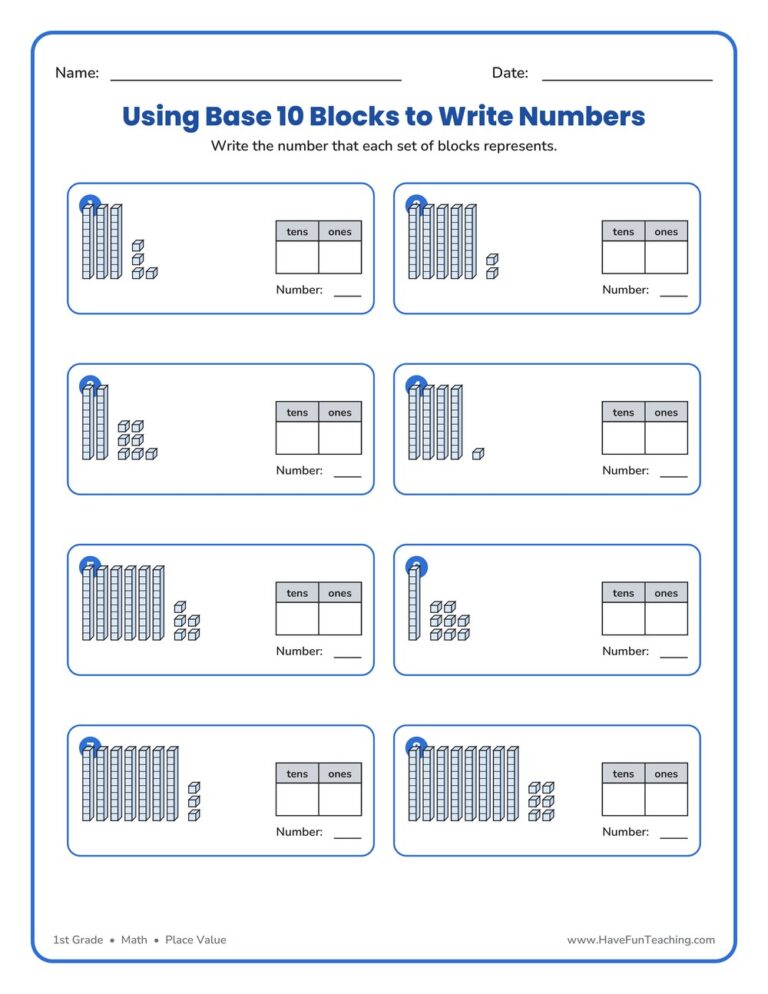 Using Base 10 Blocks to Write Numbers Worksheet