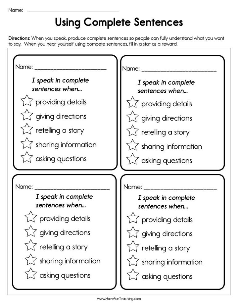 Using Complete Sentences Worksheet