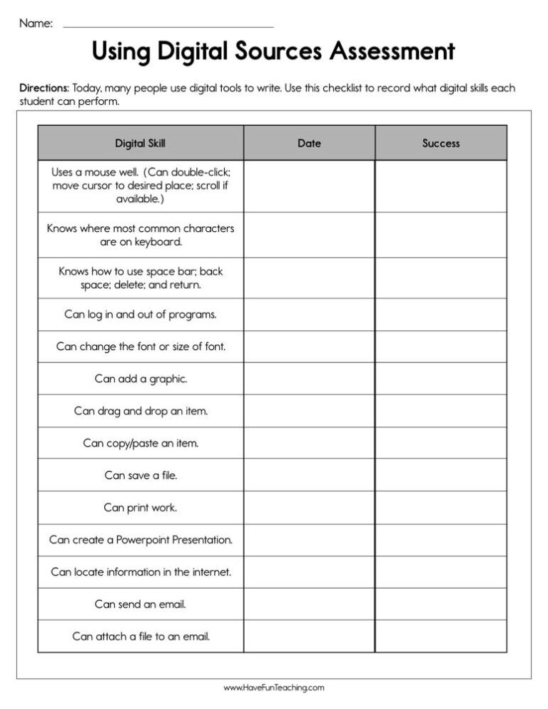 Using Digital Sources Assessment Worksheet