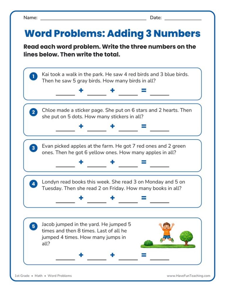 Word Problems Adding 3 Numbers Worksheet