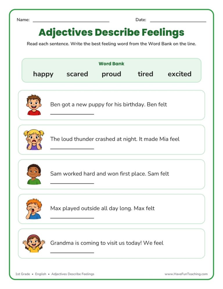 Adjectives Describe Feelings Worksheet