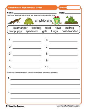Amphibians ABC Order Worksheet