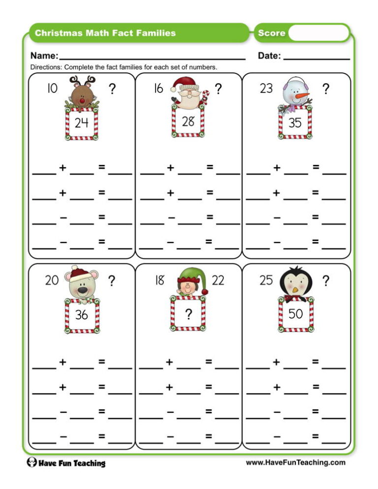 Christmas Math Fact Families Worksheet