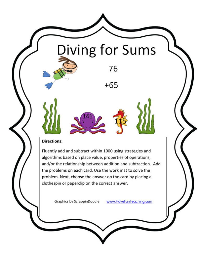 Diving for Sums Add Subtract Within 1000 Activity