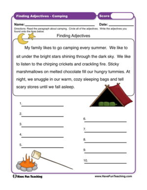 Finding Adjectives Camping Worksheet