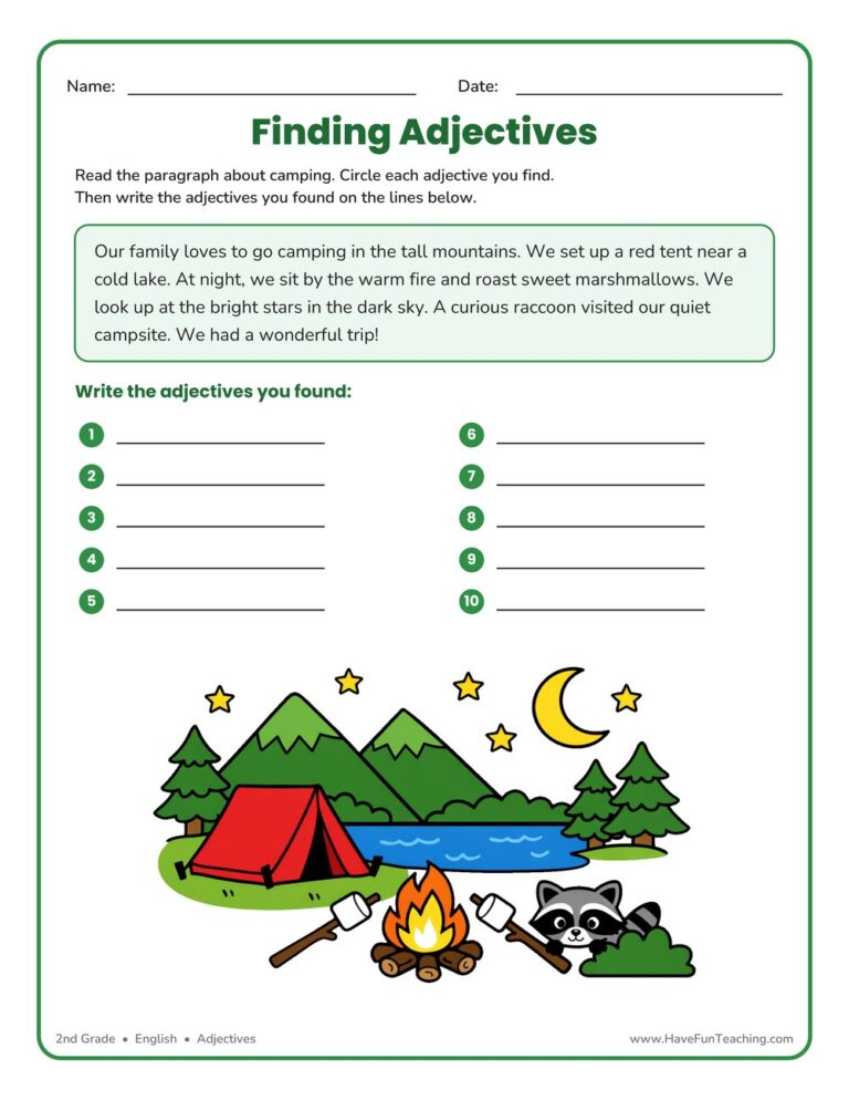 Finding Adjectives Camping Worksheet
