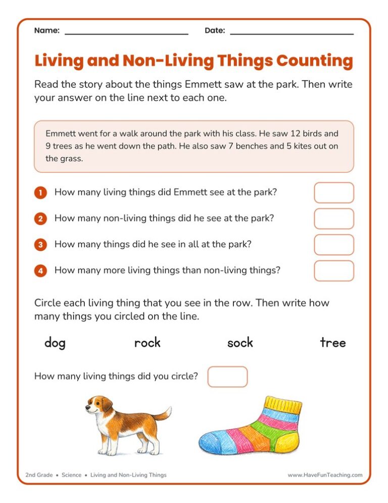 Living Things and Non Living Things Counting Worksheet