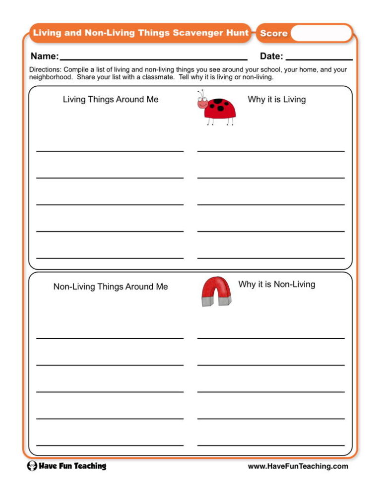 Living and Non-Living Things Scavenger Hunt Worksheet