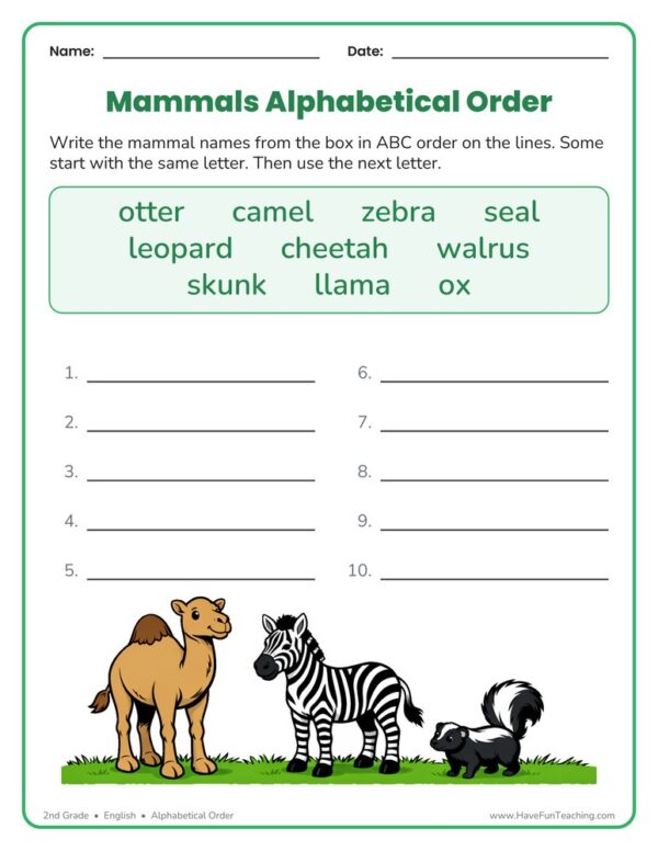 Mammals ABC Order Worksheet - Have Fun Teaching