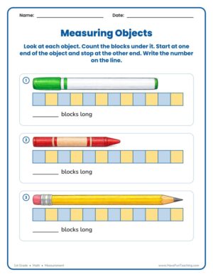 1st Grade math worksheet for measuring objects in unit blocks