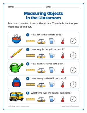 1st grade measurement worksheet choosing the right measuring tool for each object