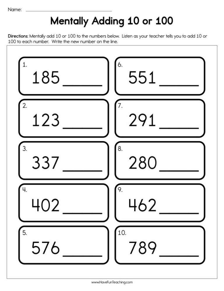 Mentally Adding 10 or 100 Worksheet