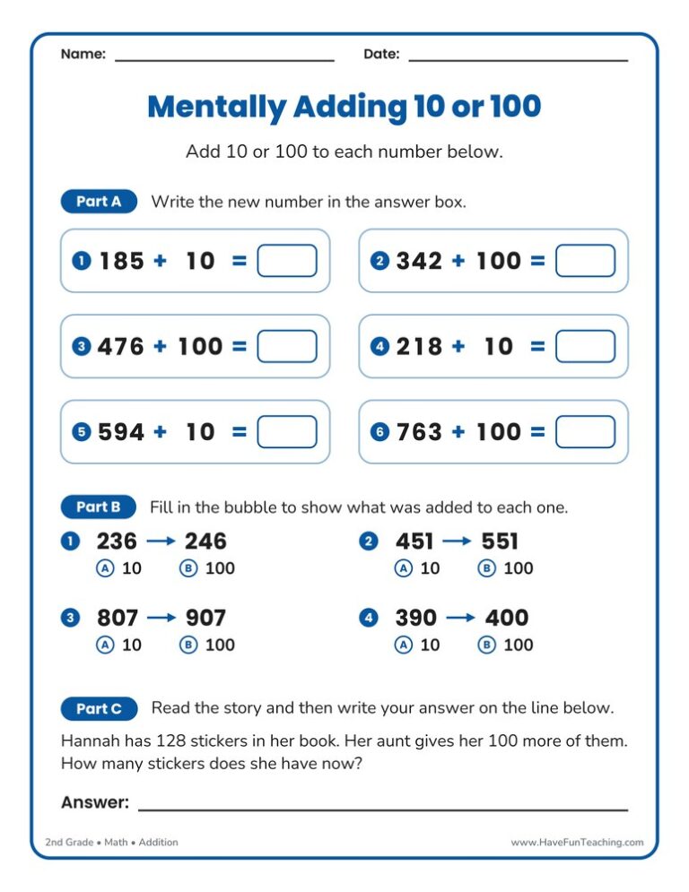 Mentally Adding 10 or 100 Worksheet
