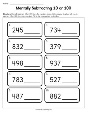 Mentally Subtracting 10 or 100 Worksheet