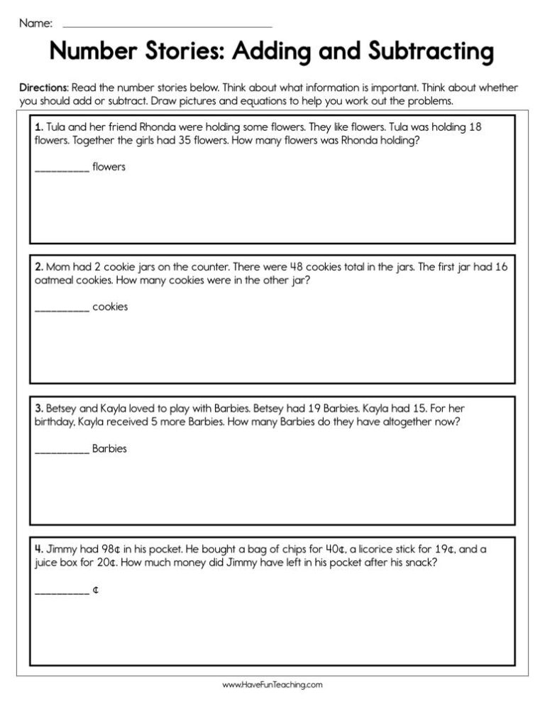 Number Stories Adding and Subtracting Worksheet
