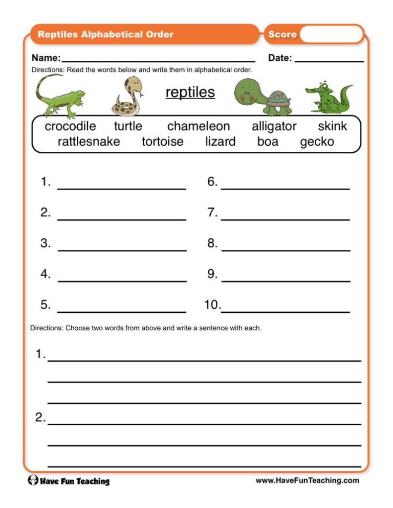 Reptiles ABC Order Worksheet