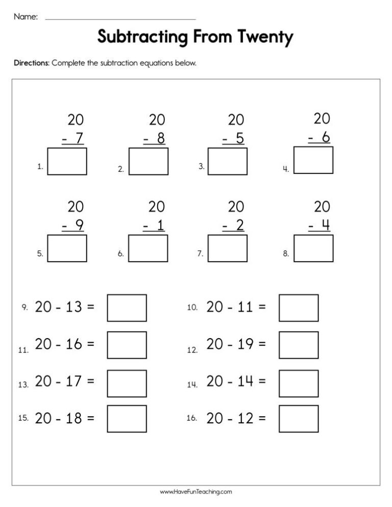 Subtracting From Twenty Worksheet