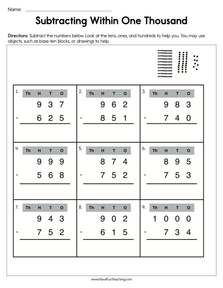 Subtracting From One Thousand Worksheet