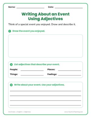 2nd Grade writing about an event using adjectives worksheet