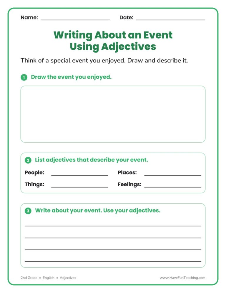 Writing about an Event Using Adjectives Worksheet