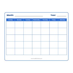 Blank calendar landscape worksheet with a monthly grid and Sunday through Saturday columns for students to fill in dates