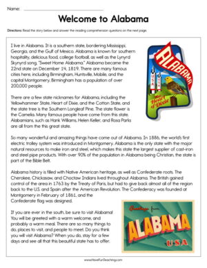 Welcome to Alabama Reading Comprehension Worksheet
