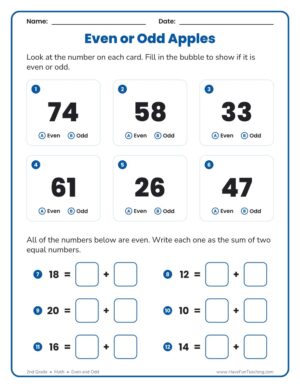 2nd grade even and odd worksheet with six number cards and equal-addend equations