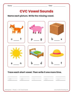 Kindergarten CVC vowel sounds worksheet