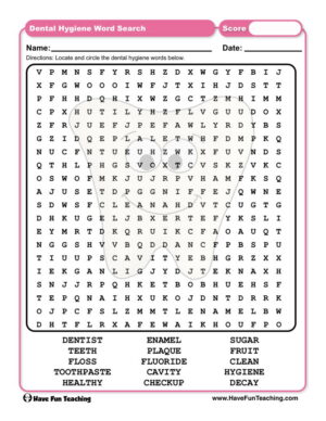 Dental Hygiene Wordsearch Worksheet