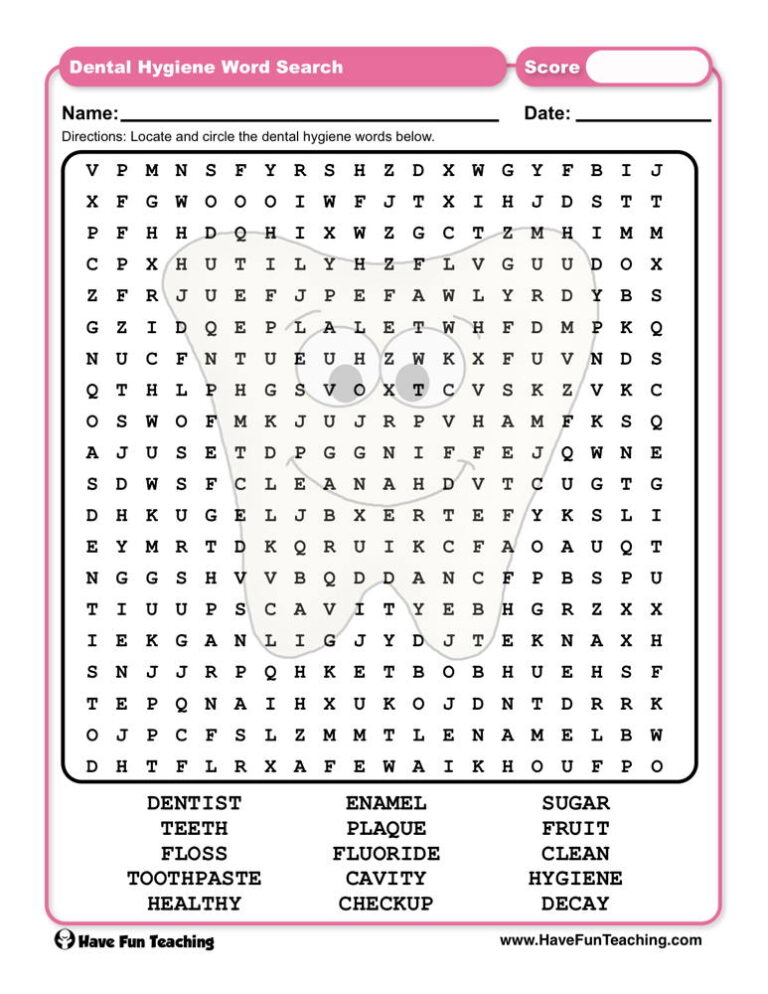 Dental Hygiene Wordsearch Worksheet