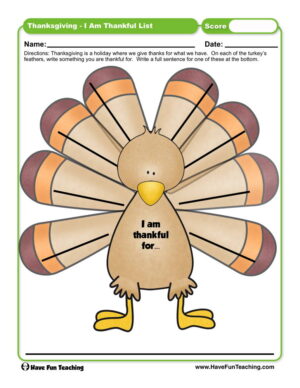 Thanksgiving I am Thankful List Worksheet