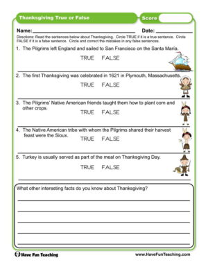 Thanksgiving True or False Worksheet