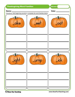 Thanksgiving Word Families Worksheet