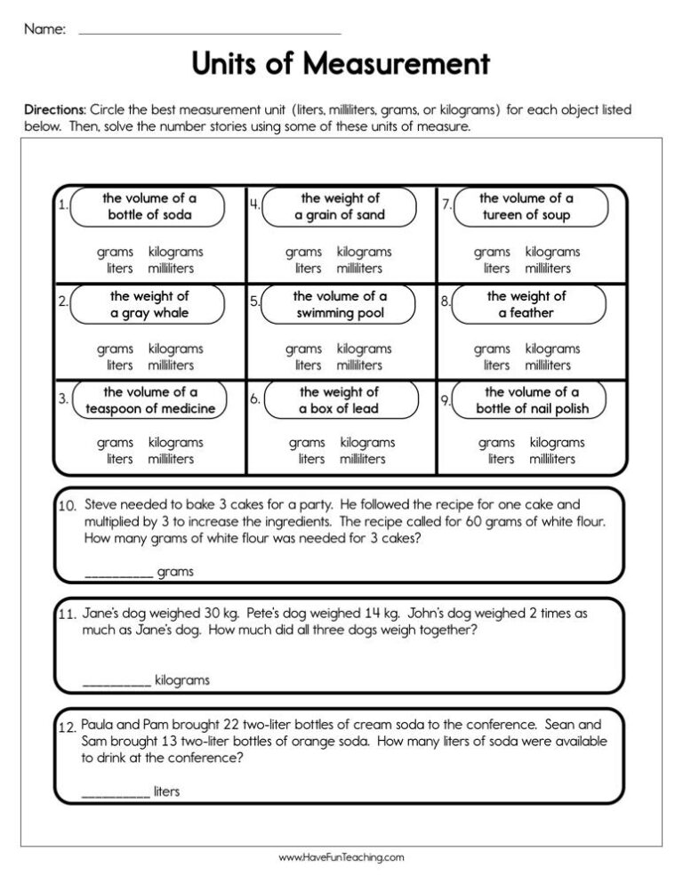 Units of Measurement Worksheet