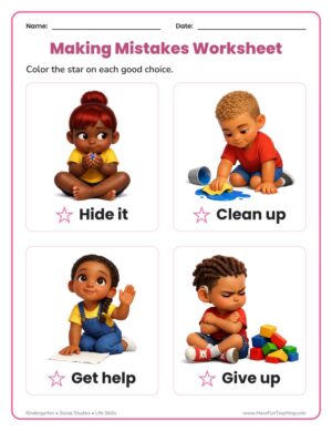 Kindergarten making mistakes worksheet - color the star on each good choice