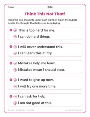 2nd Grade social skills worksheet: choose the thought that helps you keep trying